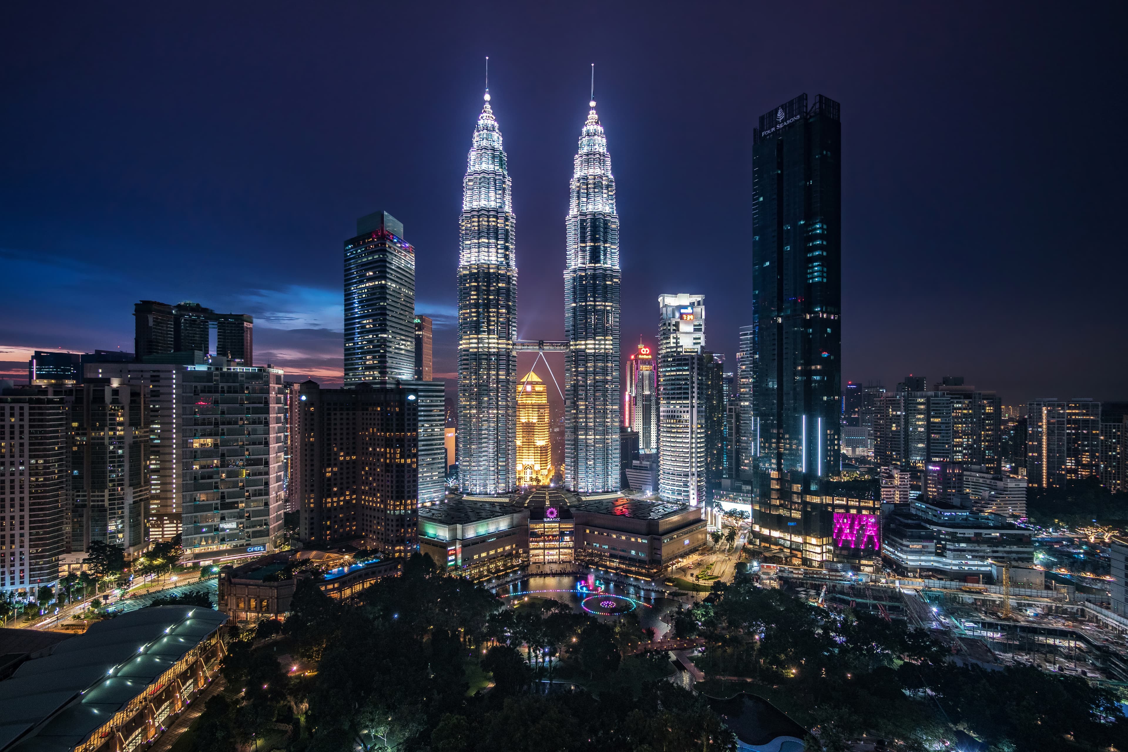 Petronas Twin Towers at Night in Kuala Lumpur, Malaysia.